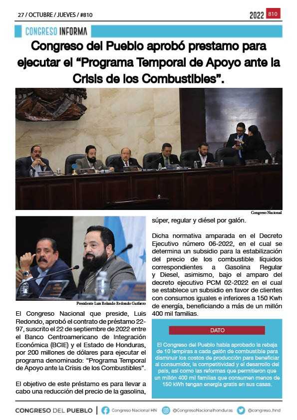 Congreso del Pueblo aprobó préstamo para ejecutar el “Programa Temporal de Apoyo ante la Crisis de los Combustibles”